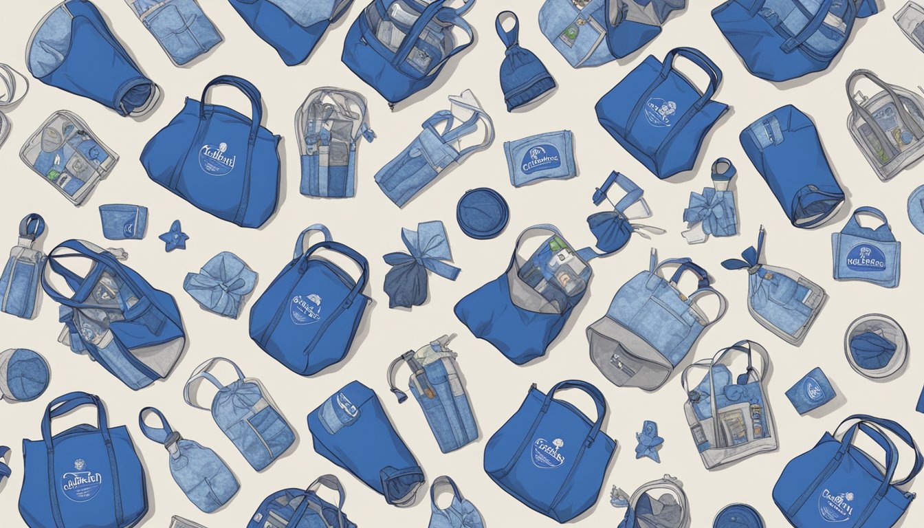 A blue bell tote bag surrounded by 11 blue bell merchandise items arranged in a visually appealing manner