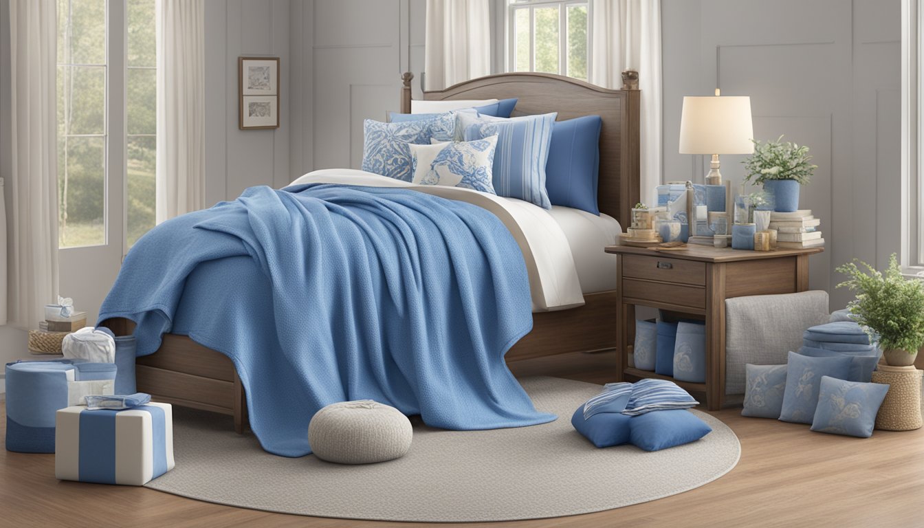 A cozy blue bell blanket surrounded by 11 blue bell merchandise items arranged in a pleasing display