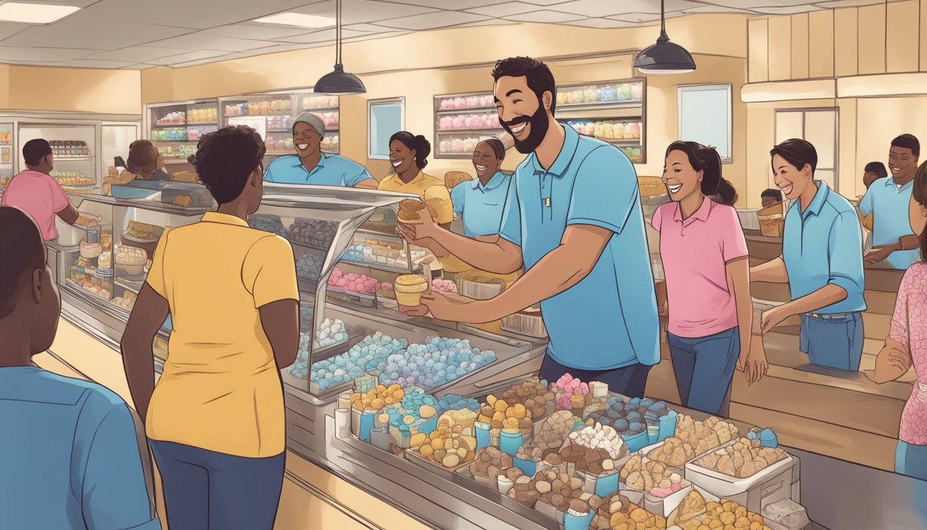 A happy customer receiving a loyalty reward from Blue Bell, surrounded by smiling employees and a display of delicious ice cream flavors