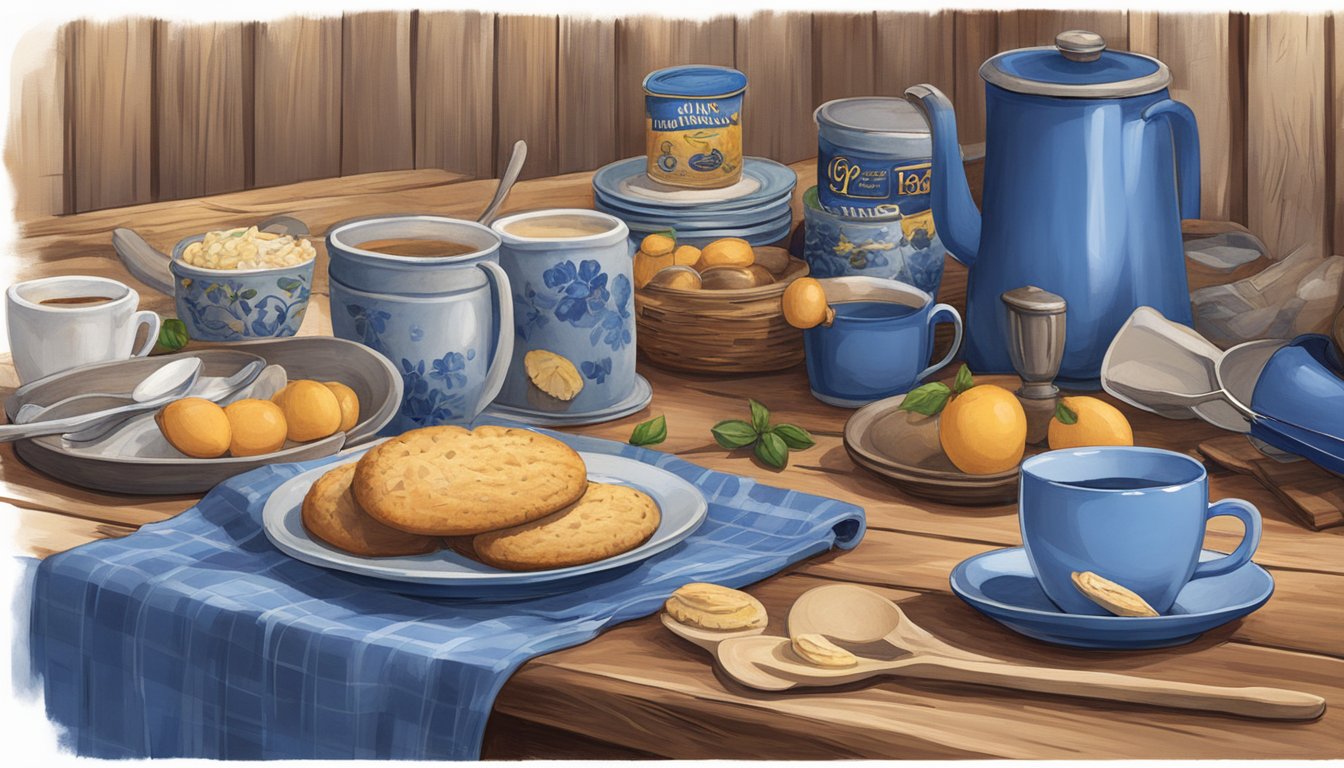 A cozy, rustic kitchen table with a Blue Bell mug and various Blue Bell merchandise items scattered around