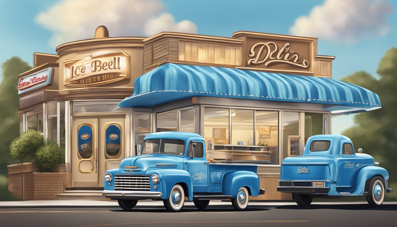 A vintage Blue Bell ice cream truck parked in front of a retro diner with the iconic logo displayed on the truck and the diner's sign