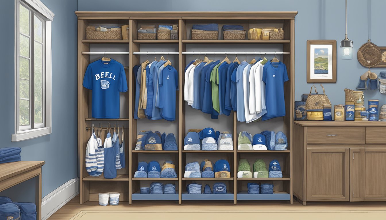 A display of 11 Blue Bell merchandise items arranged on a shelf, including socks, shirts, and other fan gear