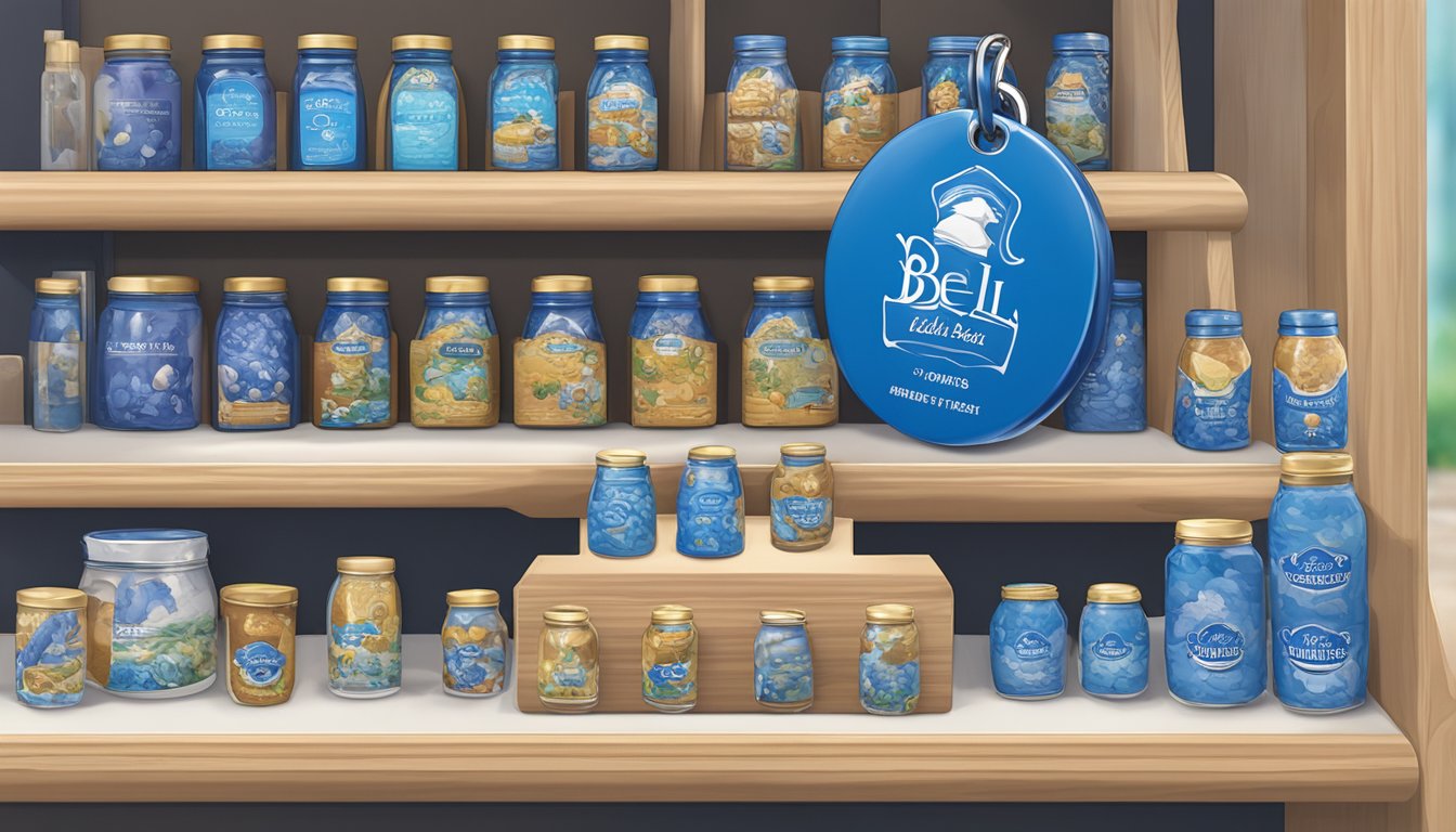 A blue bell keychain surrounded by other blue bell merchandise items on a display shelf