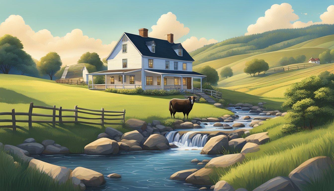 A quaint farmhouse nestled among rolling hills, with a babbling brook and grazing livestock under a clear blue sky