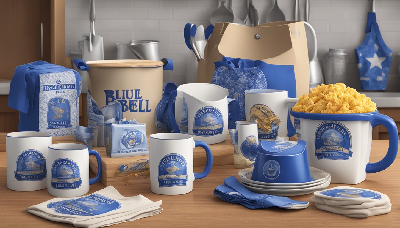 A collection of Blue Bell merchandise items arranged on a table, including aprons, mugs, t-shirts, and other fan essentials