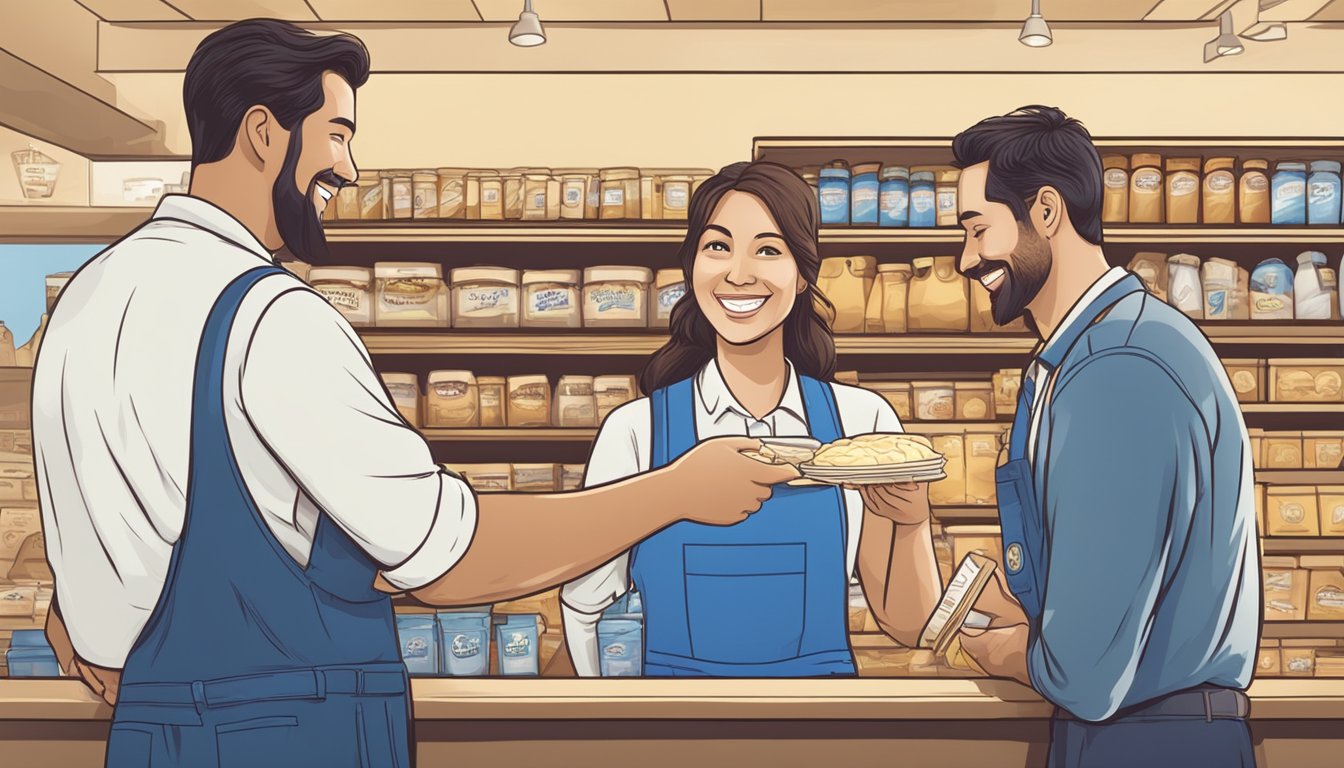 A smiling customer submitting a suggestion and receiving a reward from a Blue Bell employee