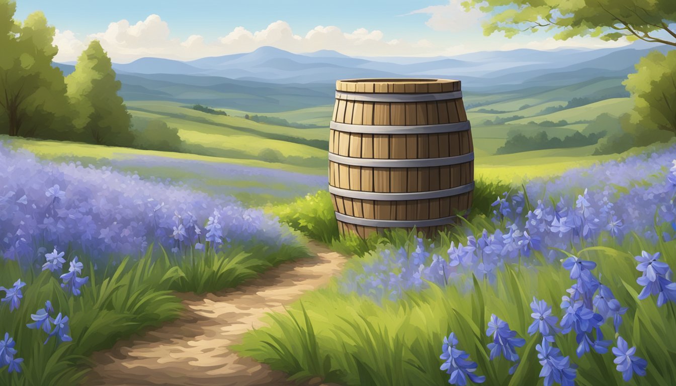 A rustic wooden churn surrounded by fresh bluebells in a lush countryside setting