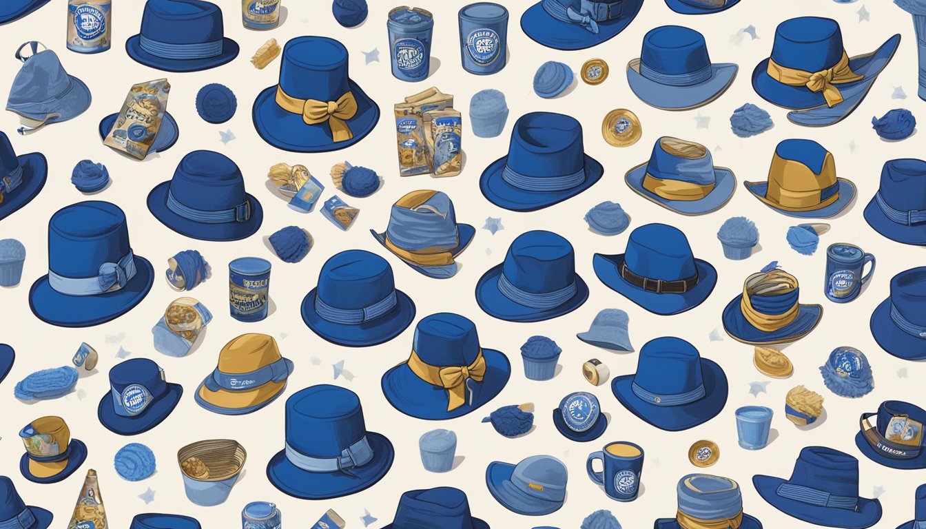 A collection of Blue Bell merchandise items arranged in a playful and eye-catching manner, including stickers, hats, shirts, and other fan must-haves