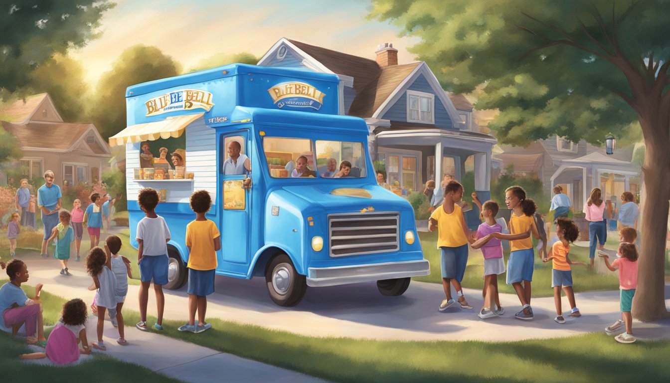 Blue Bell ice cream truck parked at a neighborhood block party, surrounded by smiling families and children enjoying free samples