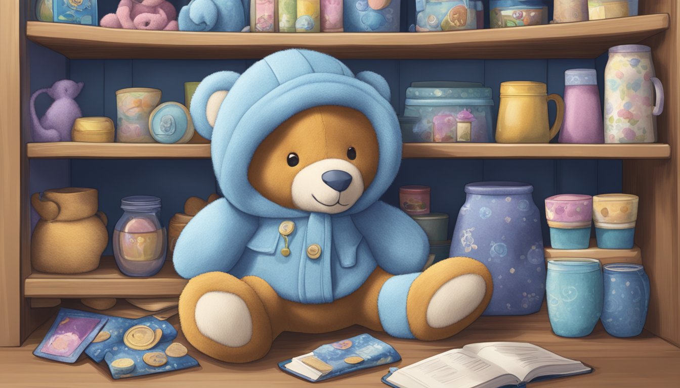 A cozy plush toy surrounded by Blue Bell merchandise items on a shelf