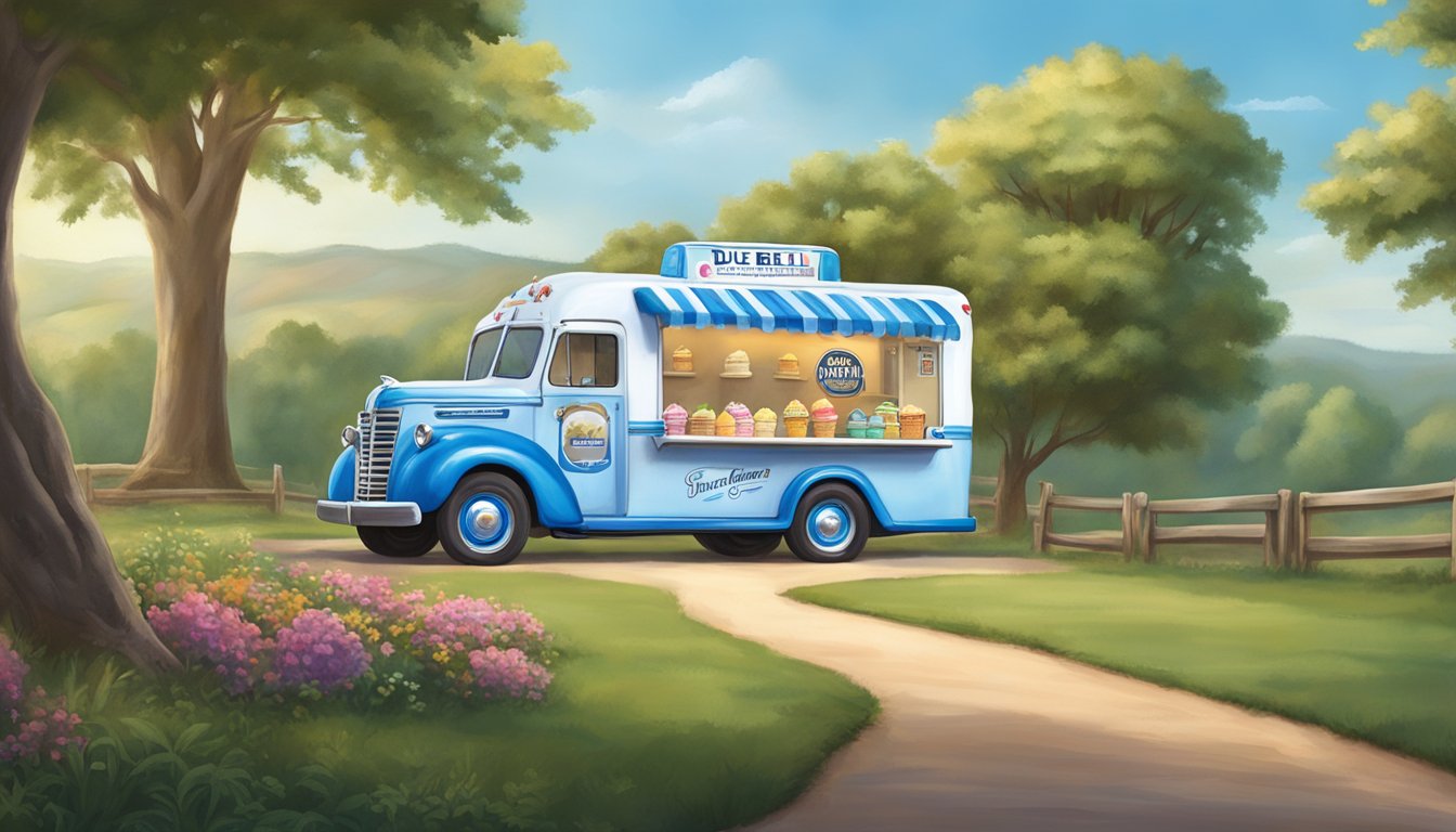 A classic, vintage ice cream truck with the iconic Blue Bell logo parked in front of a picturesque countryside setting