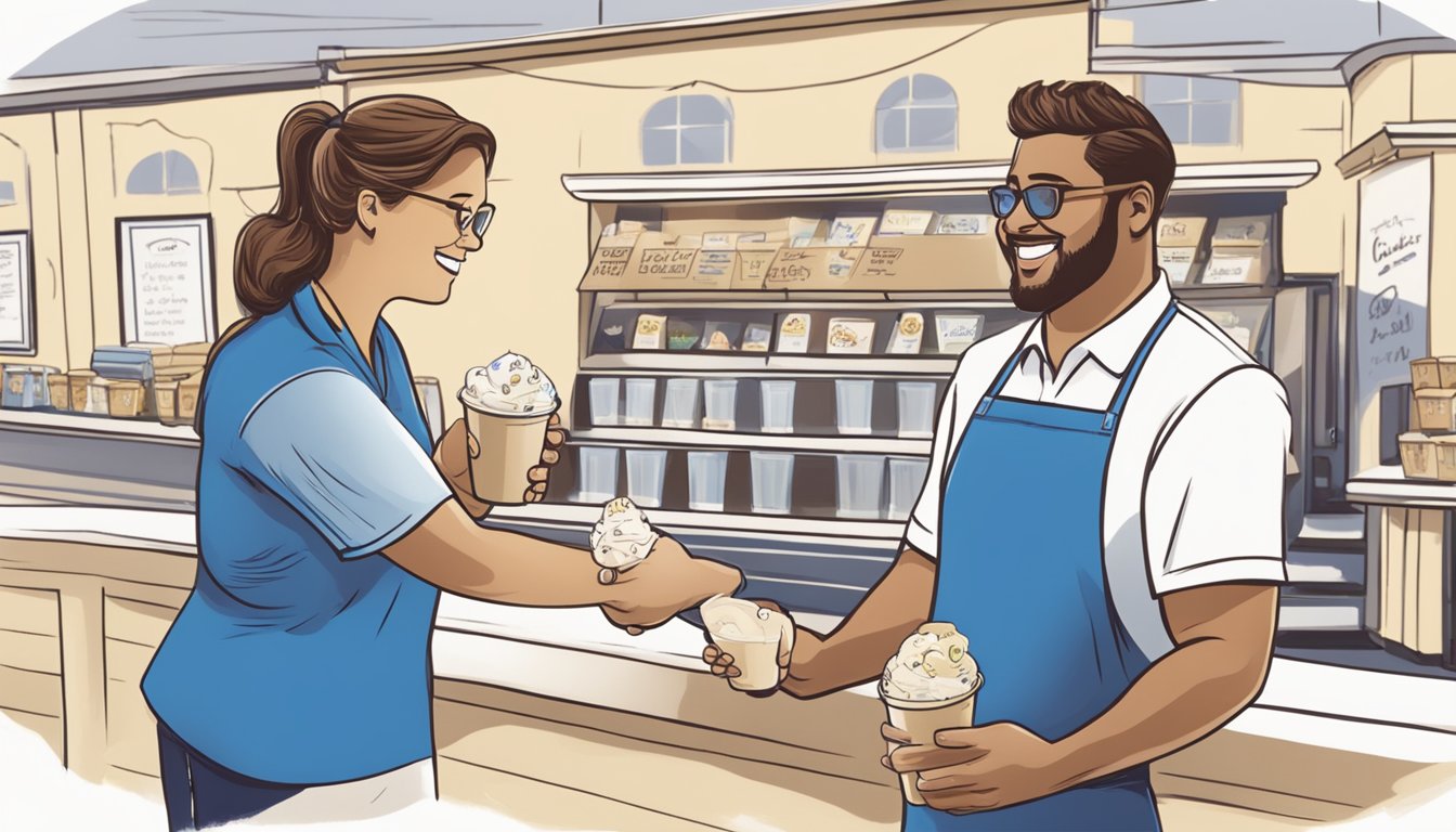 A smiling customer receiving a free pint of ice cream with a handwritten note from a Blue Bell employee