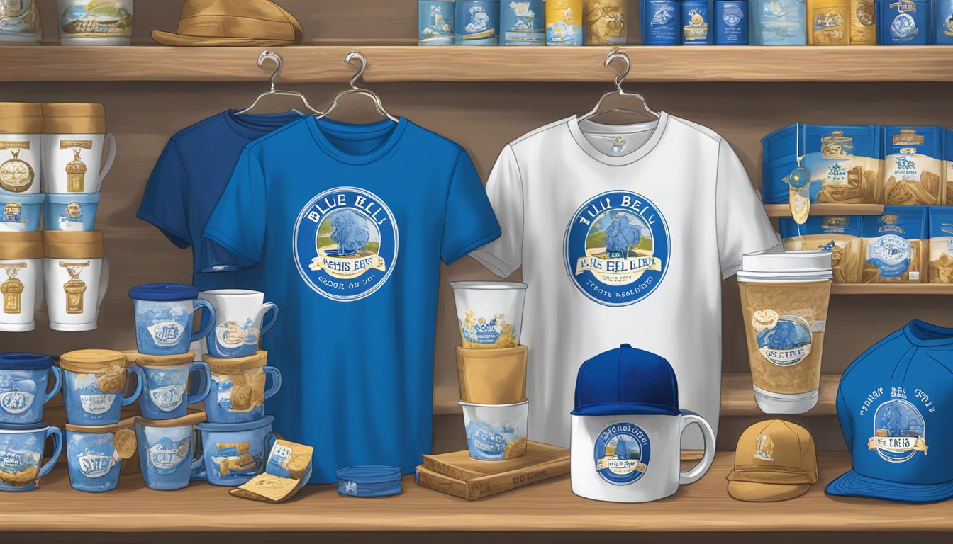 A display of 11 Blue Bell merchandise items arranged on a shelf, including t-shirts, hats, mugs, and keychains, with the Blue Bell logo prominently featured