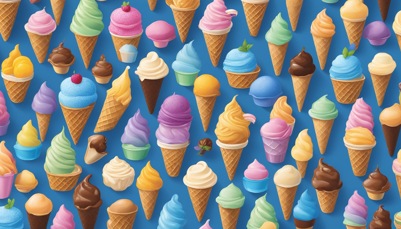 A colorful array of ice cream flavors arranged in a harmonious composition, with Blue Bell's iconic logo prominently displayed