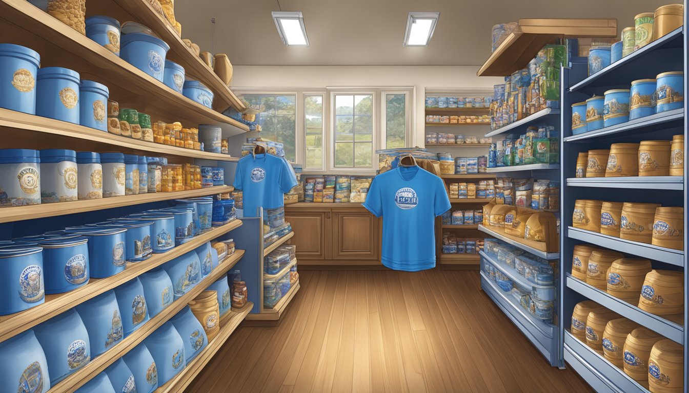 A display of 11 Blue Bell merchandise items arranged on shelves with a variety of products such as t-shirts, hats, mugs, and keychains