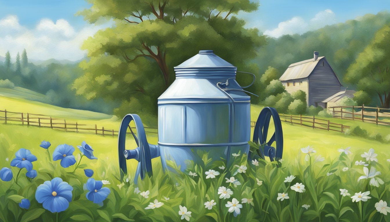 A vintage milk churn with a blue bell flower motif, surrounded by lush green pastures and a clear blue sky