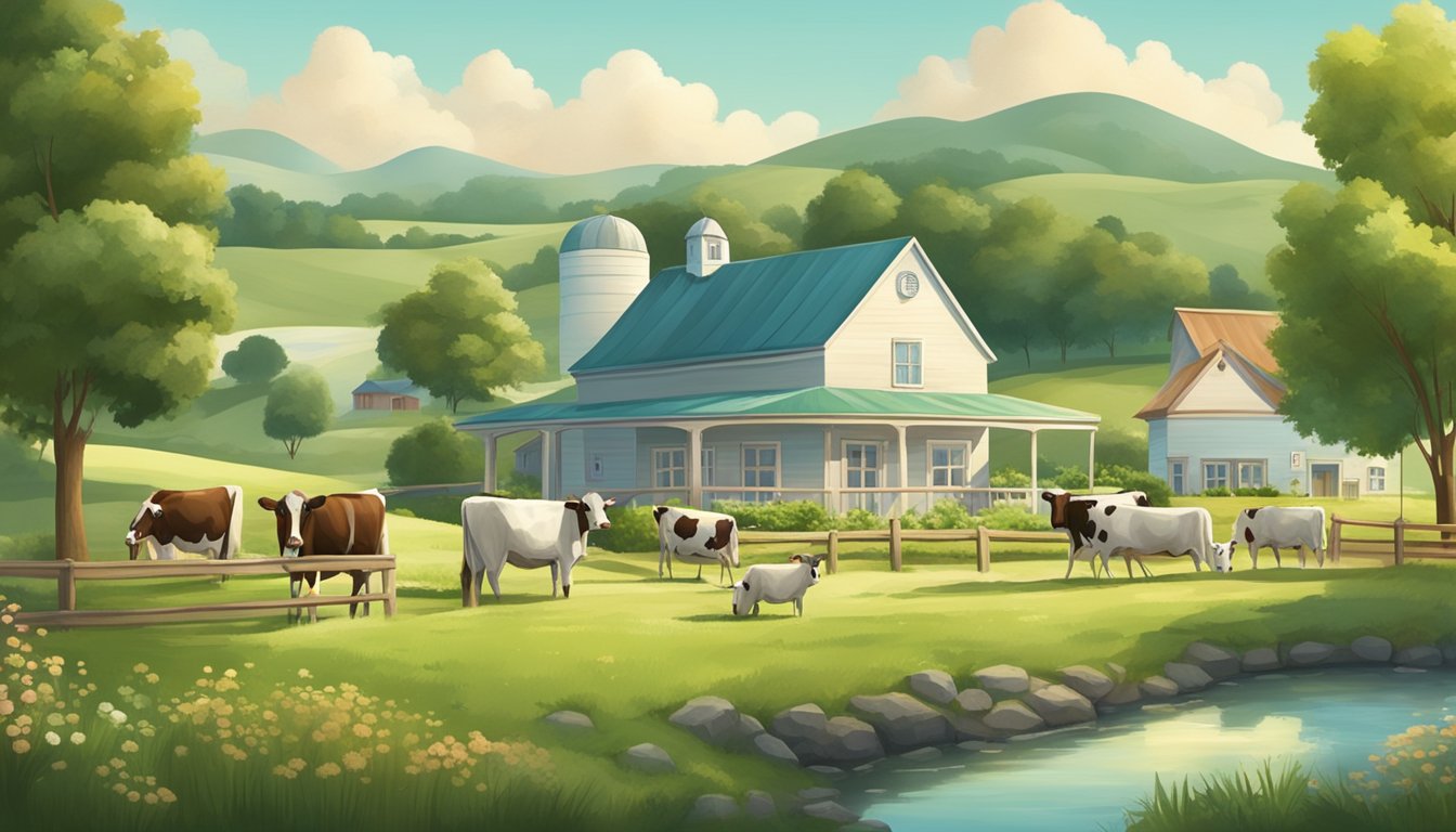 A serene countryside landscape with a picturesque dairy farm, cows grazing in lush green pastures, and a quaint vintage ice cream parlor