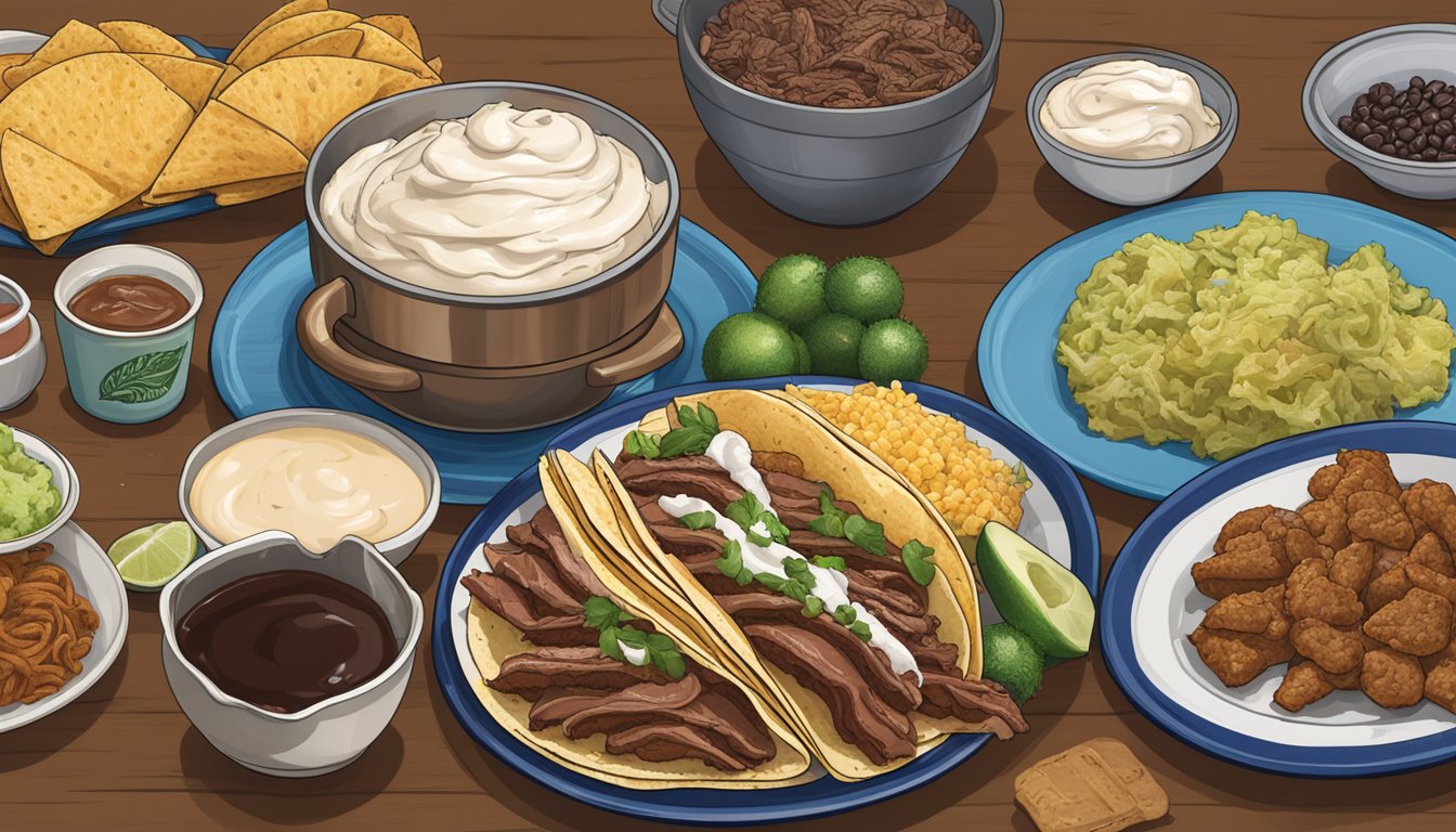 A table set with a plate of brisket tacos and a bowl of Blue Bell Vanilla Bean ice cream, surrounded by Texan food items