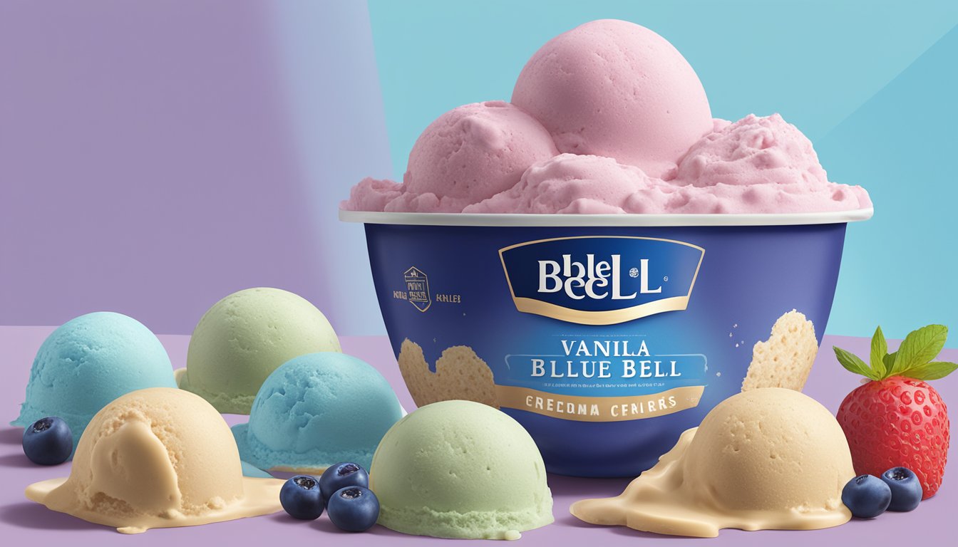 A scoop of Blue Bell's Homemade Vanilla with a mix of fresh berries on top, surrounded by other Blue Bell ice cream flavors