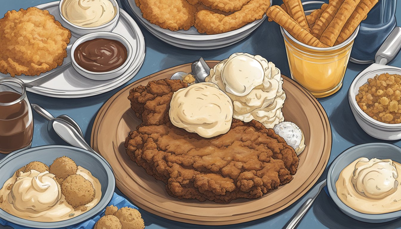 A sizzling chicken fried steak sits next to a scoop of homemade vanilla Blue Bell ice cream, surrounded by other Texas foods