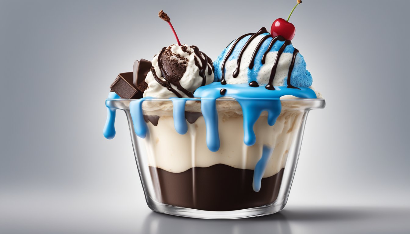 A sundae glass filled with scoops of Blue Bell Cookies 'n Cream ice cream, drizzled with hot fudge and topped with a cherry