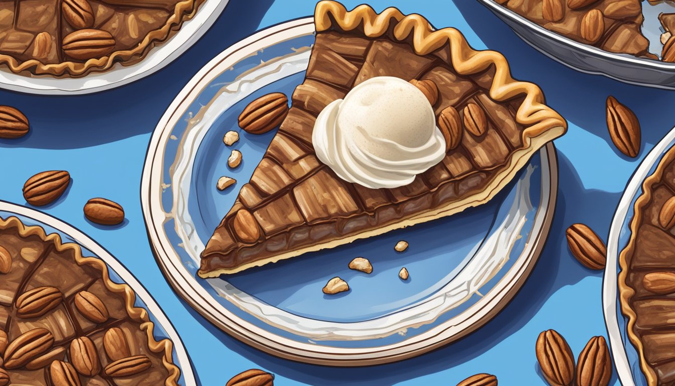 A slice of pecan pie topped with pecan pralines'n cream Blue Bell ice cream, surrounded by pecans and a decorative pie crust