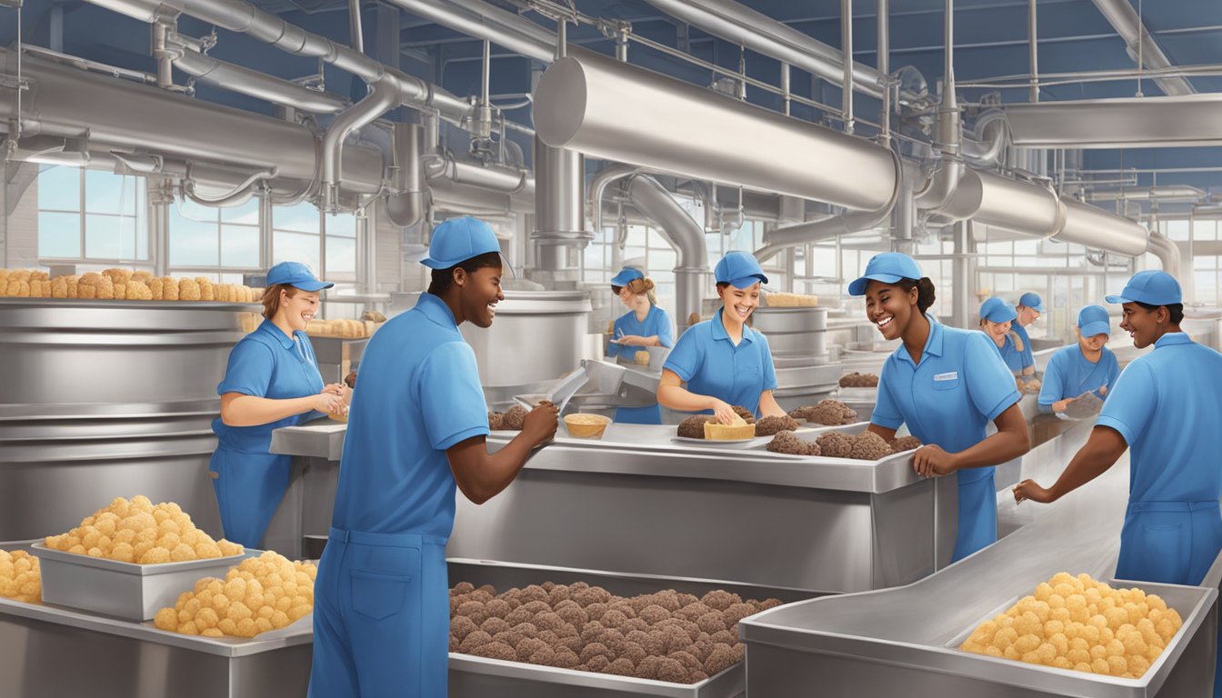 Blue Bell employees working together in a bustling, happy ice cream factory, showing teamwork and dedication