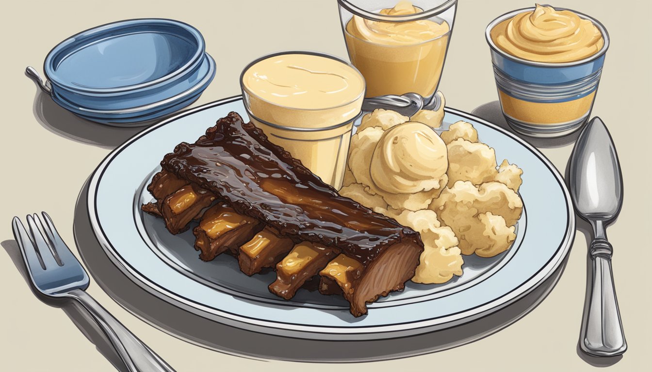 A plate of BBQ ribs with banana pudding sits next to a scoop of Blue Bell ice cream