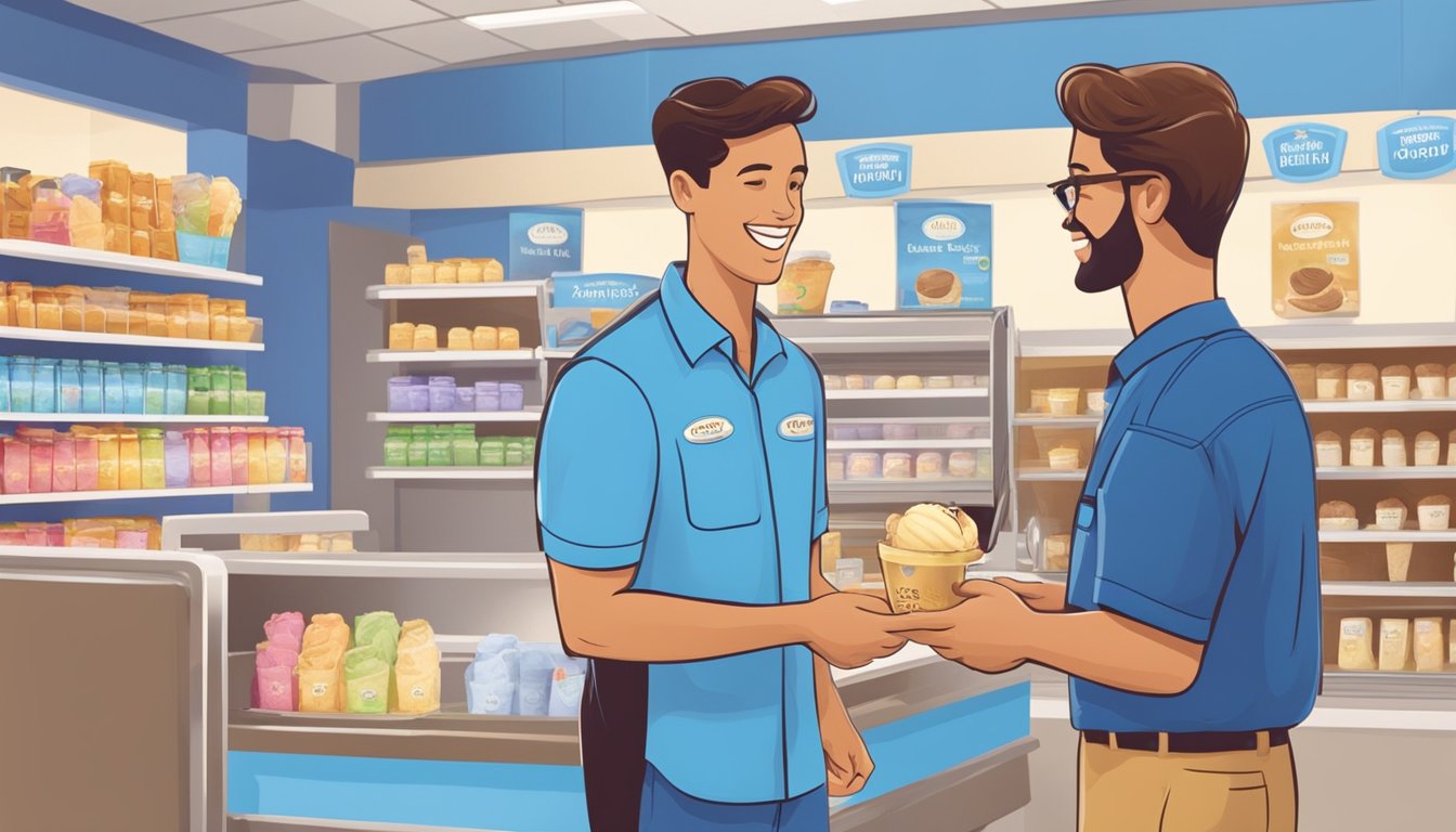 A smiling customer receiving a scoop of Blue Bell ice cream from a friendly employee in a clean and inviting store