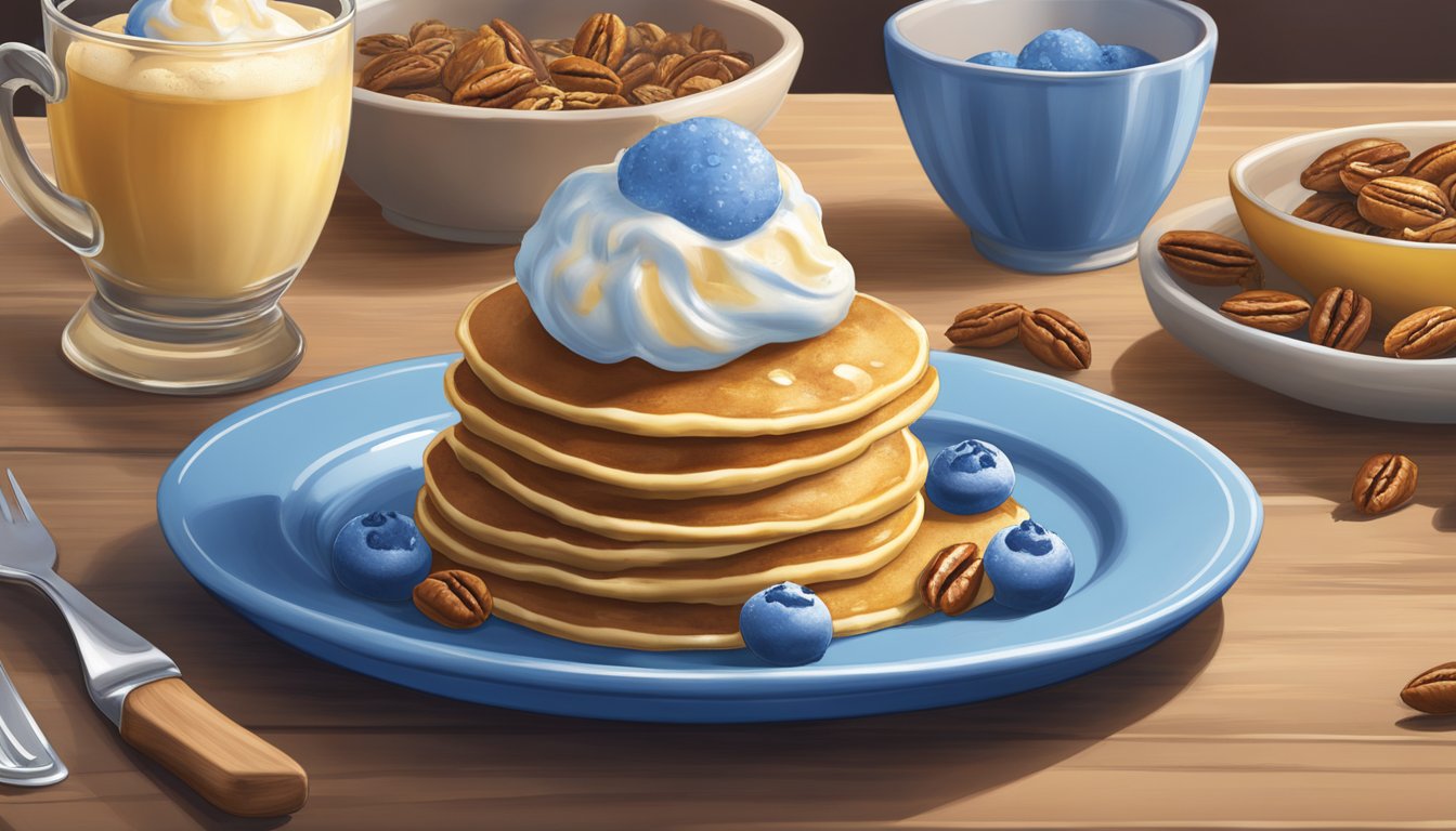 Golden pancakes topped with melted Blue Bell Buttered Pecan ice cream, surrounded by other Blue Bell flavors