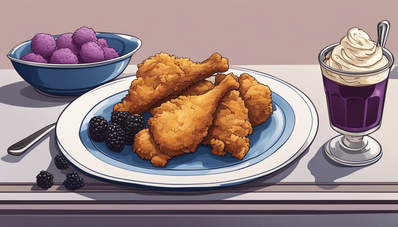 A table set with a plate of fried chicken, a slice of blackberry cobbler, and a scoop of Blue Bell ice cream