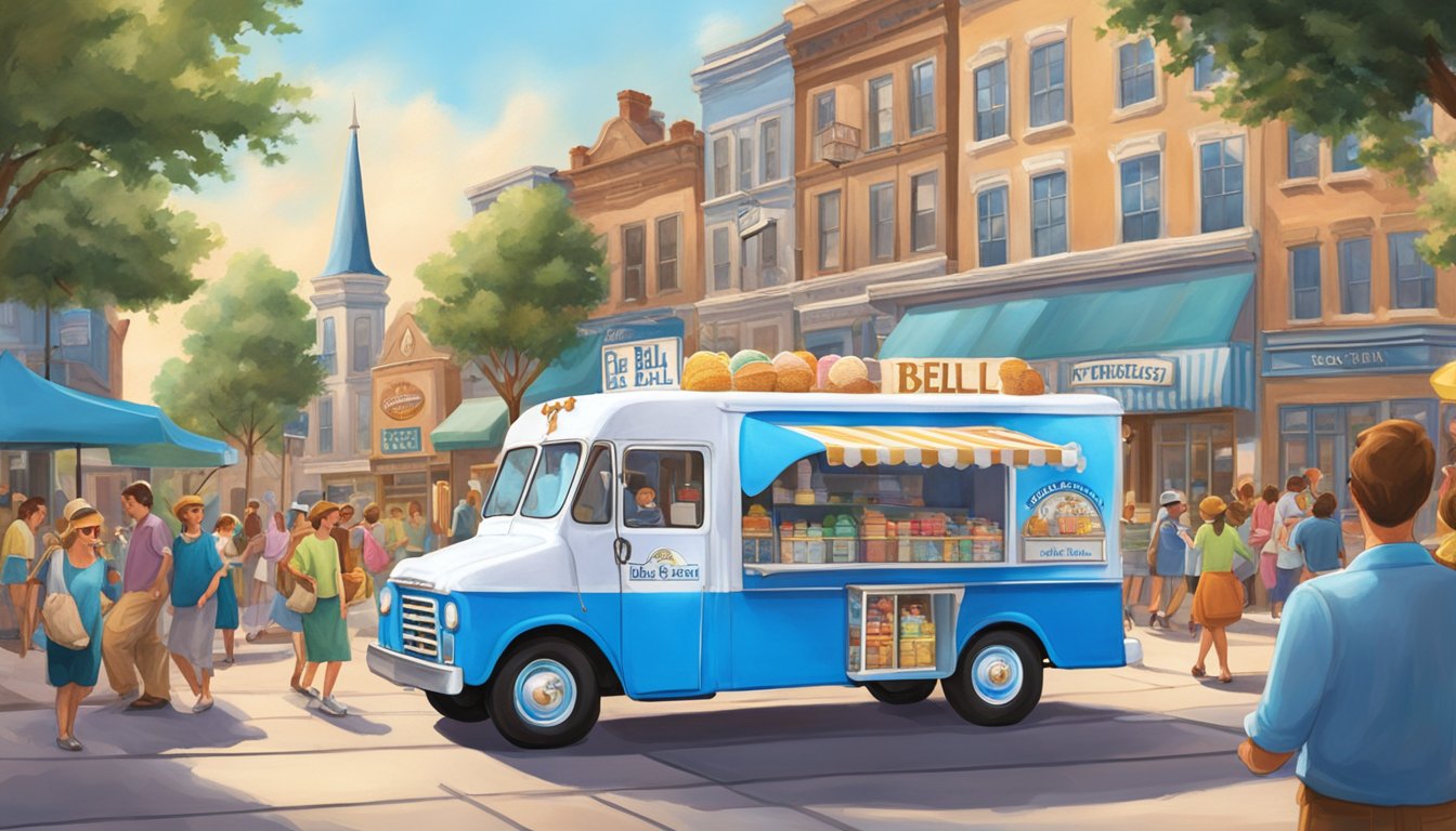 A vintage ice cream truck with the Blue Bell logo parked in front of a bustling town square, surrounded by happy customers enjoying their frozen treats