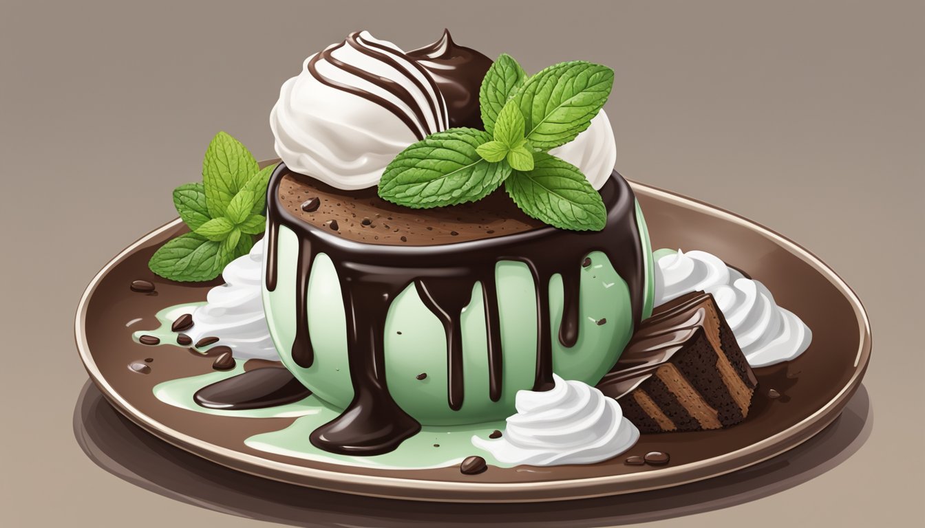 A scoop of Mint Chocolate Chip ice cream on a warm brownie with a dollop of whipped cream and a drizzle of chocolate sauce