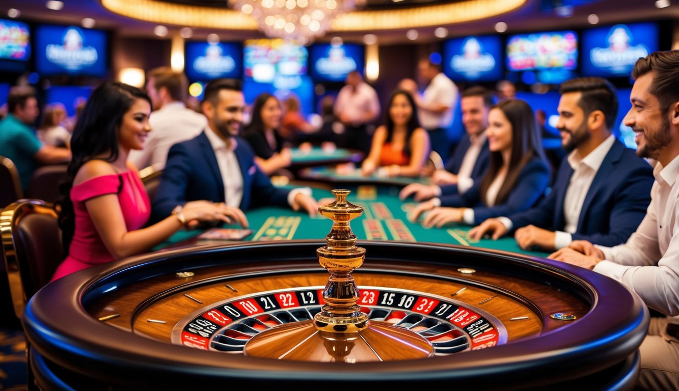 Sebuah kasino online yang hidup dengan meja roulette, blackjack, dan poker, dikelilingi oleh pemain yang antusias dan suasana yang meriah