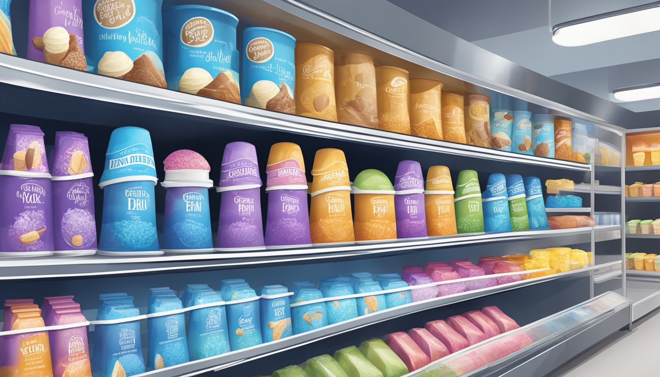 A colorful array of Blue Bell ice cream flavors displayed on a modern, sleek shelf in a bustling grocery store