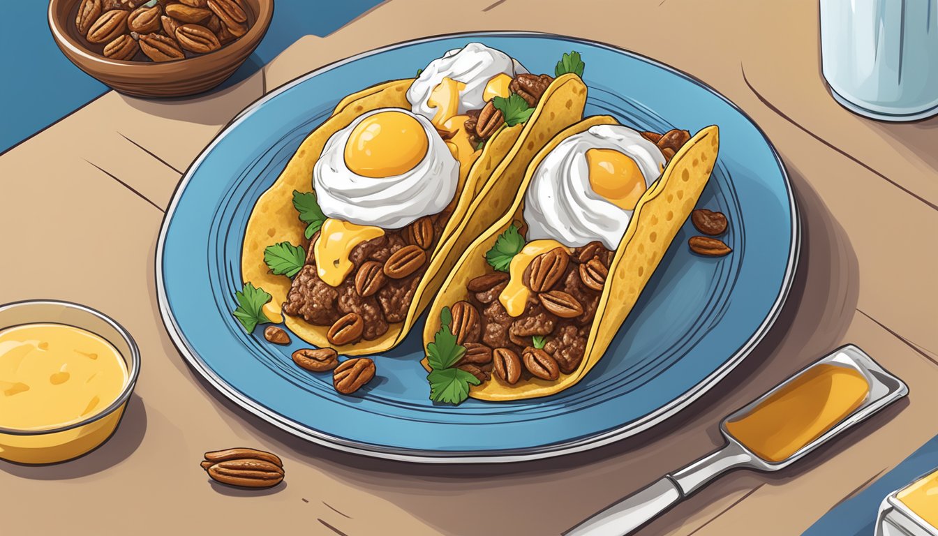 A plate of breakfast tacos with a scoop of buttered pecan Blue Bell ice cream on the side