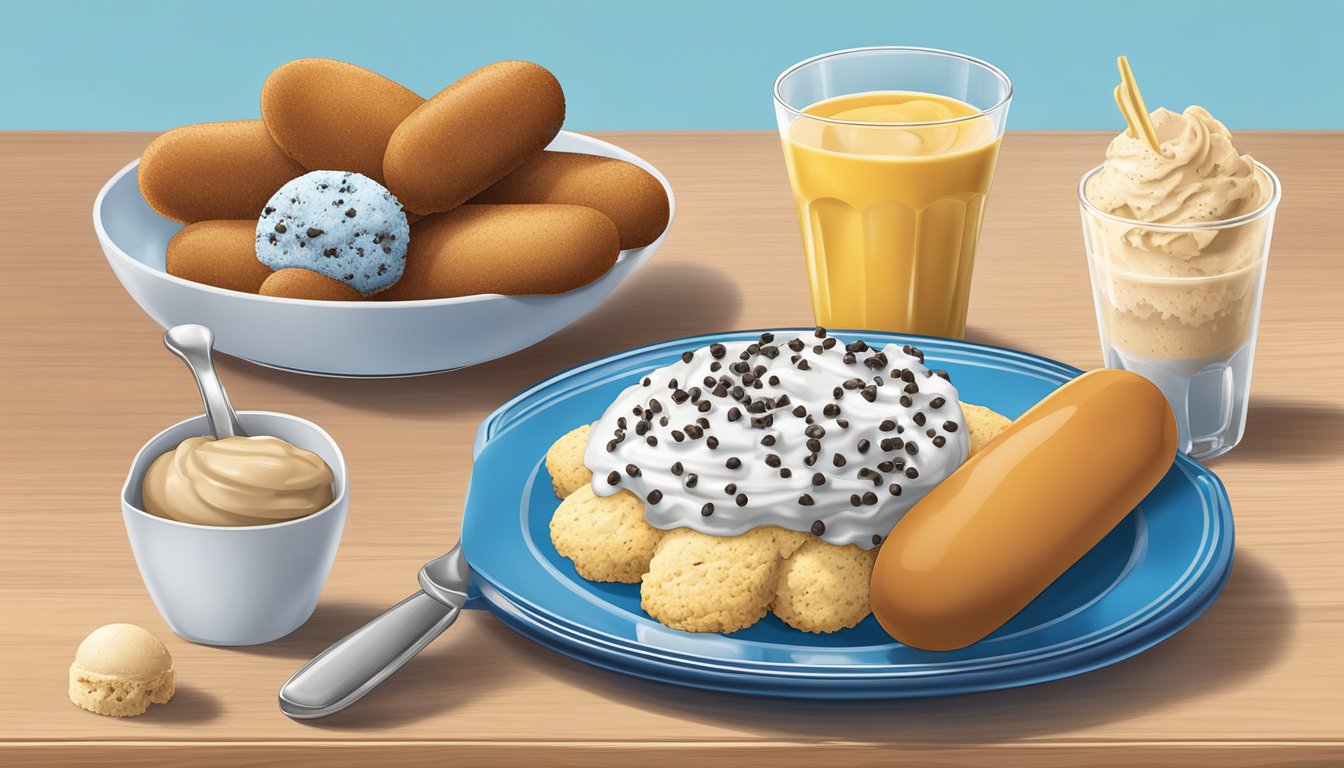 A plate of corn dogs and a scoop of cookies 'n cream Blue Bell ice cream on a table