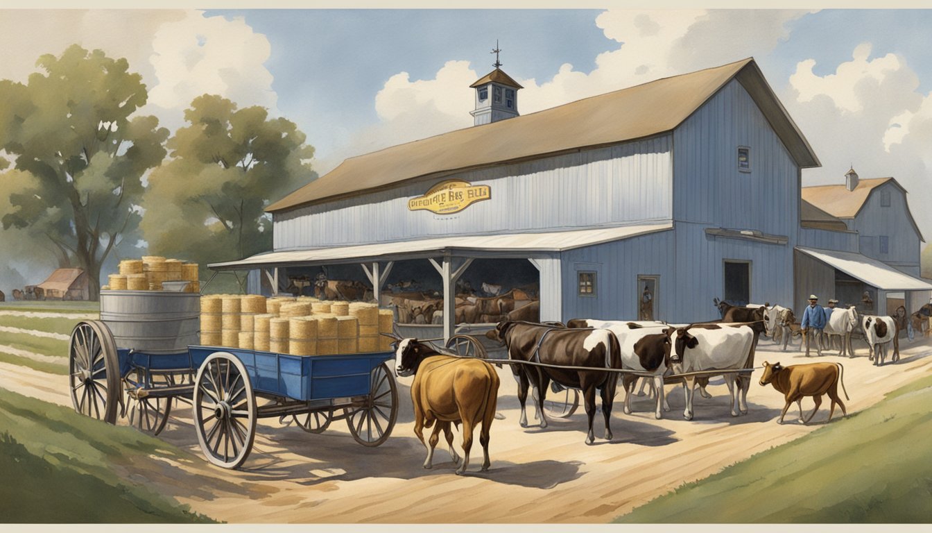 A bustling 1907 dairy farm with workers, cows, and delivery wagons. The Blue Bell Creameries logo prominently displayed on the barn