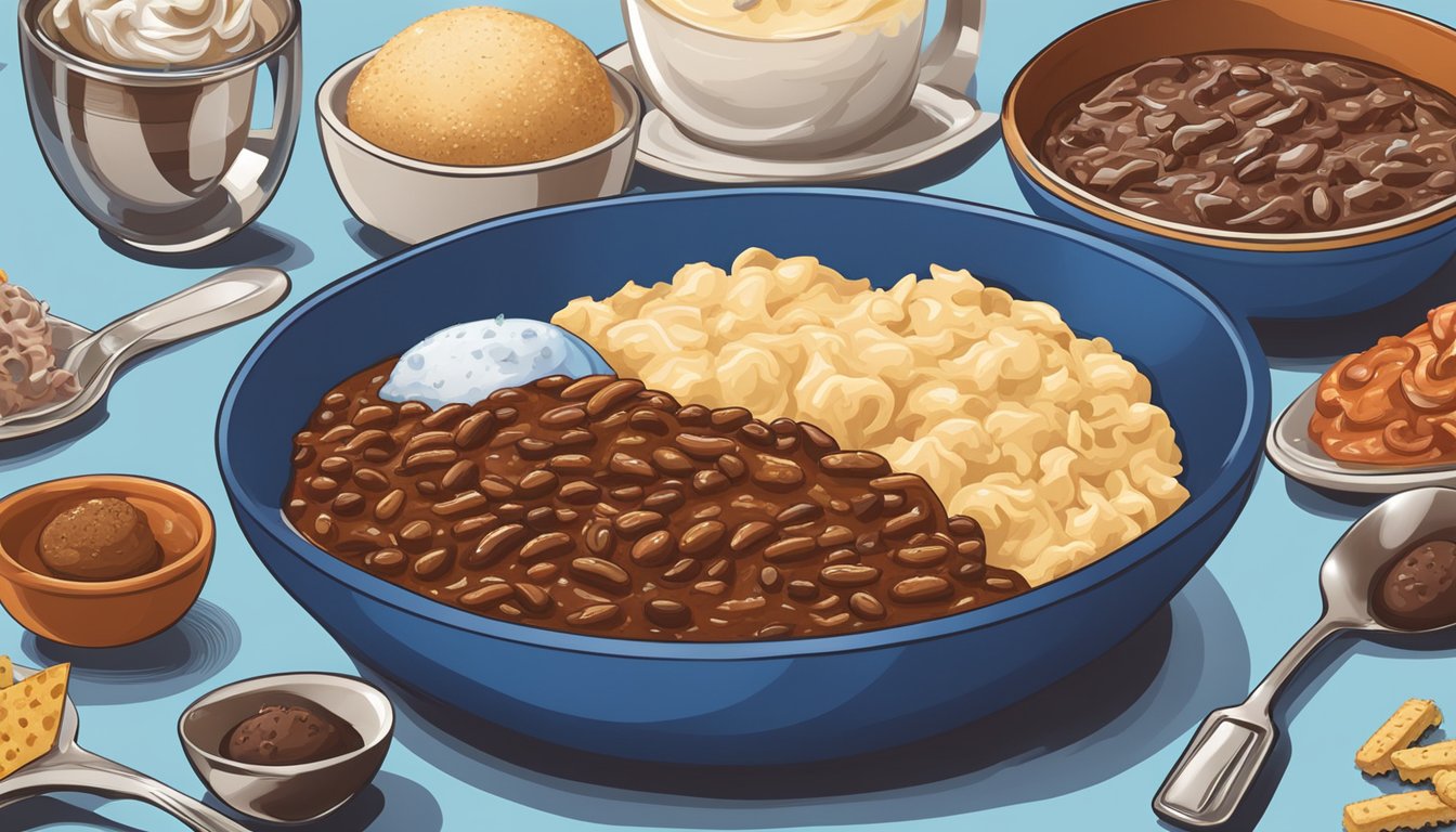 A bowl of chili sits next to a scoop of Dutch Chocolate Blue Bell ice cream, surrounded by Texan food items