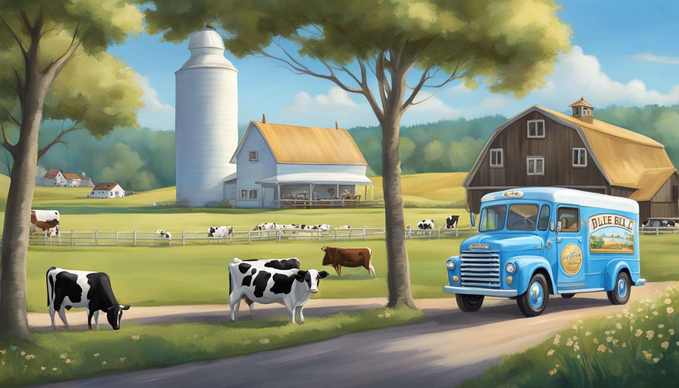 A vintage ice cream truck with the Blue Bell logo parked in front of a bustling dairy farm, surrounded by fields of fresh milk cows