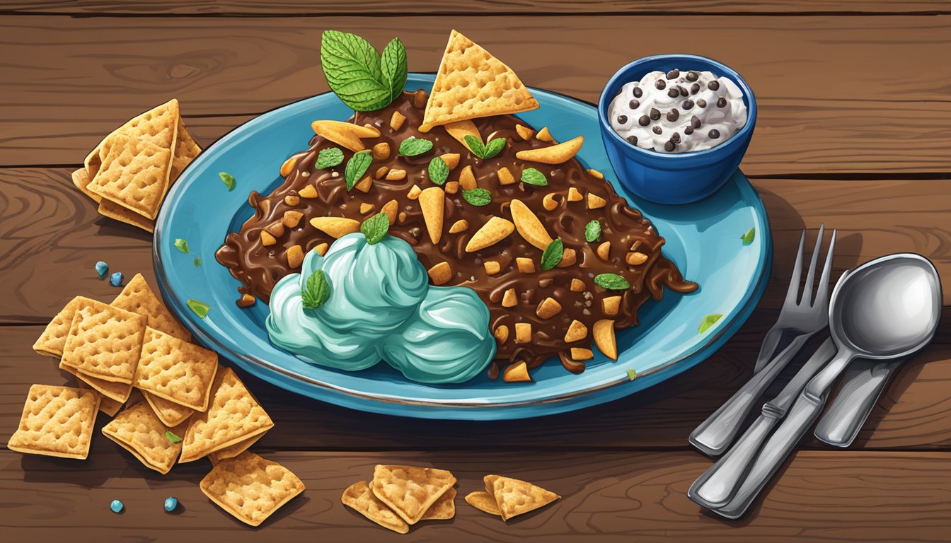 A colorful, mouth-watering Frito Pie topped with Mint Chocolate Chip Blue Bell Ice Cream, set on a rustic Texas-themed table