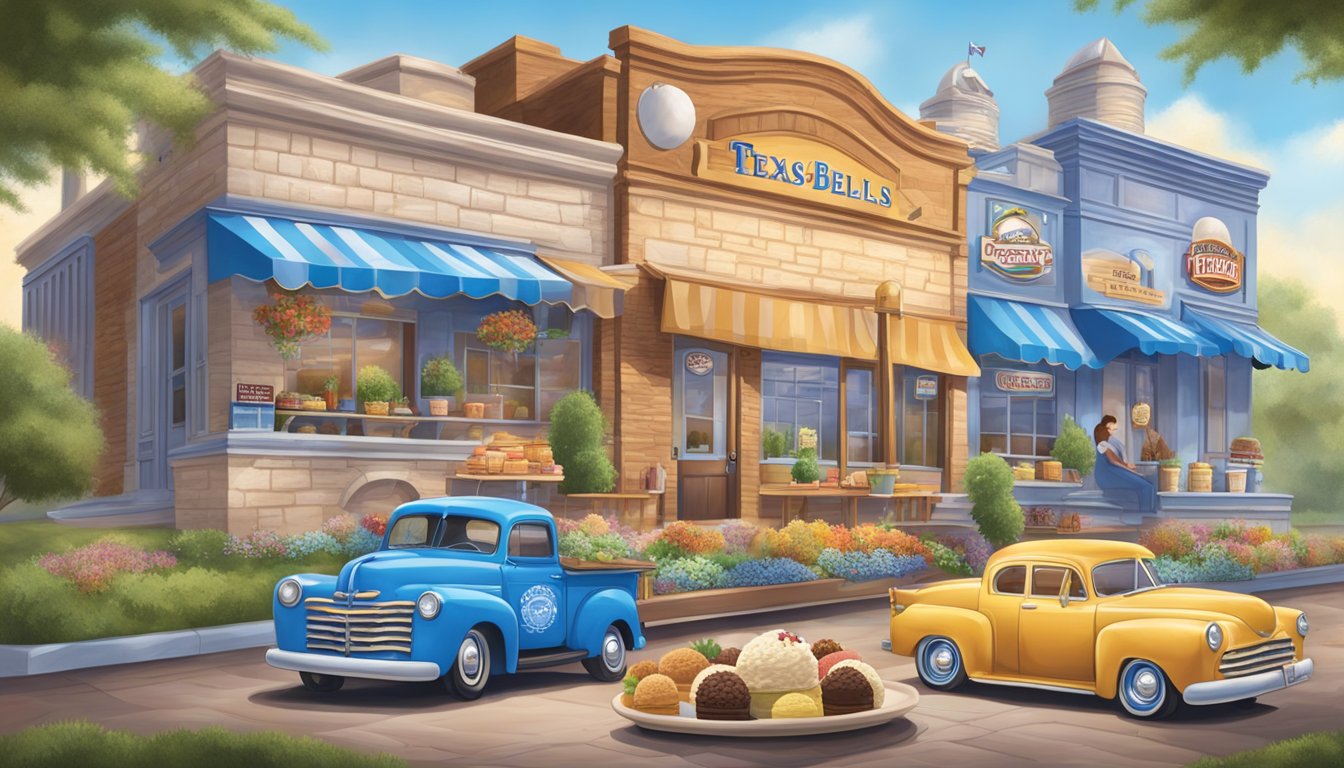 A colorful array of Blue Bell ice cream flavors paired with iconic Texas foods, creating a delightful and appetizing scene