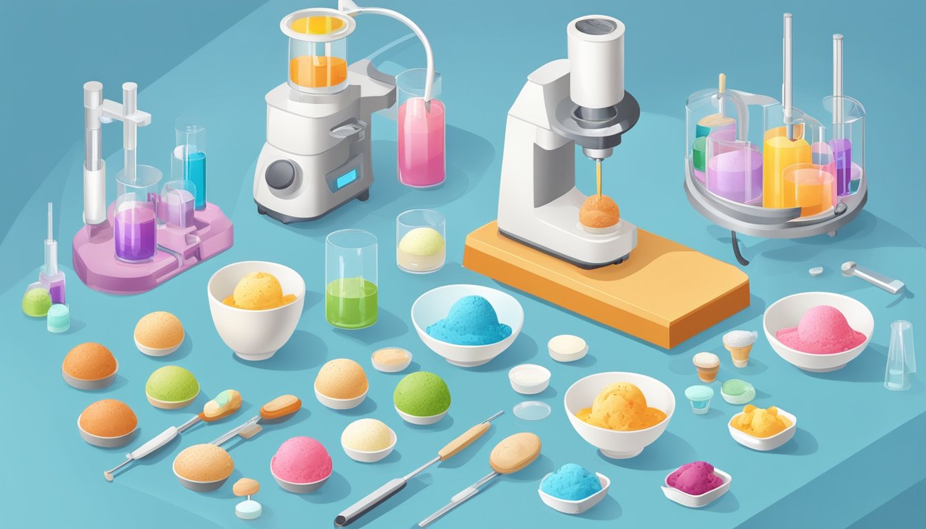 A laboratory setting with various equipment and instruments for testing food ingredients. Multiple samples of ice cream being analyzed for quality control