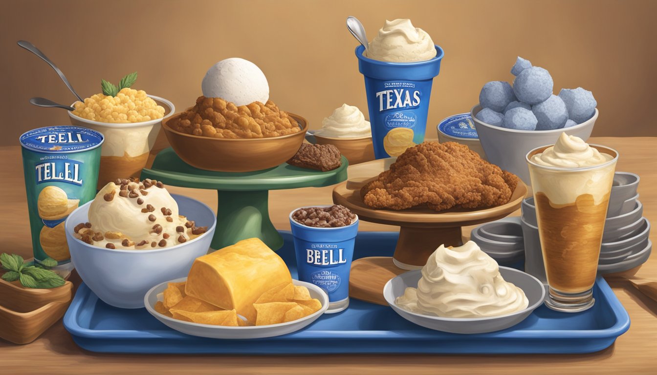 A table set with 10 different Texas foods, each paired with a scoop of Blue Bell ice cream. The foods and ice cream are arranged in an appealing and appetizing display