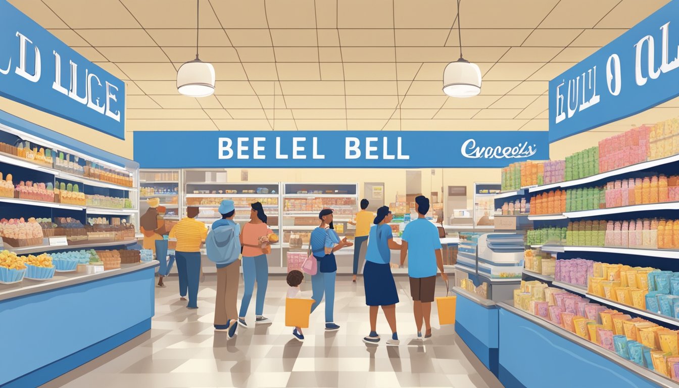 A colorful display of Blue Bell ice cream cartons with nostalgic flavors, surrounded by excited customers in a bustling grocery store