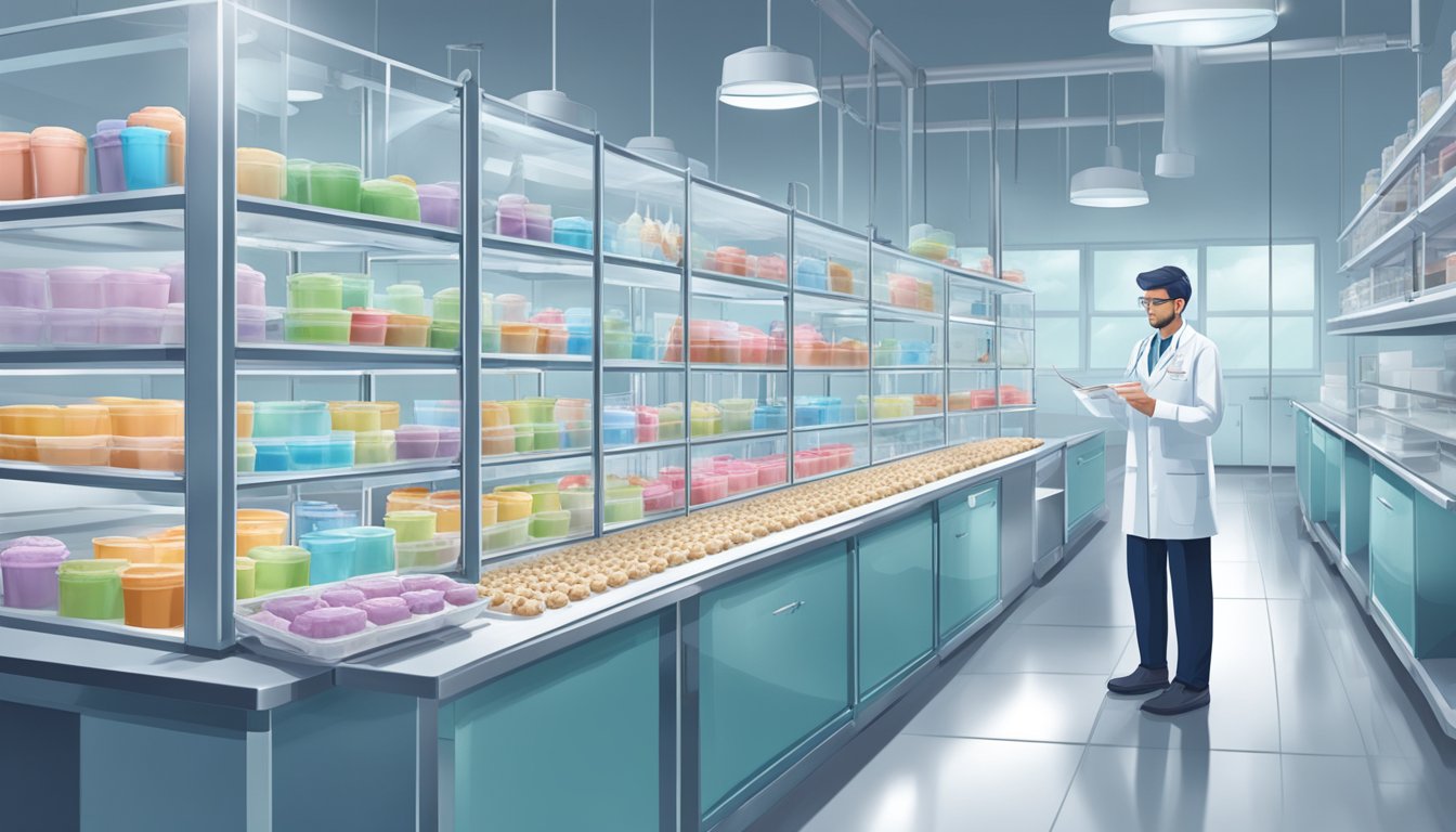 A laboratory setting with rows of ice cream samples being tested by scientists in lab coats. Quality control equipment and documentation visible