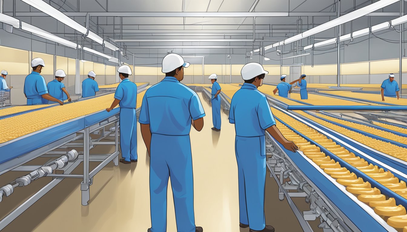 A factory floor with workers inspecting rows of freshly packaged Blue Bell ice cream, ensuring impeccable quality control measures