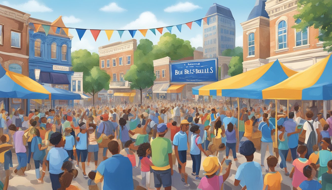 A bustling town square adorned with colorful banners and posters celebrating Blue Bell's triumphant return. Cheering crowds gather around a stage where speakers share the 12 reasons why the comeback was epic