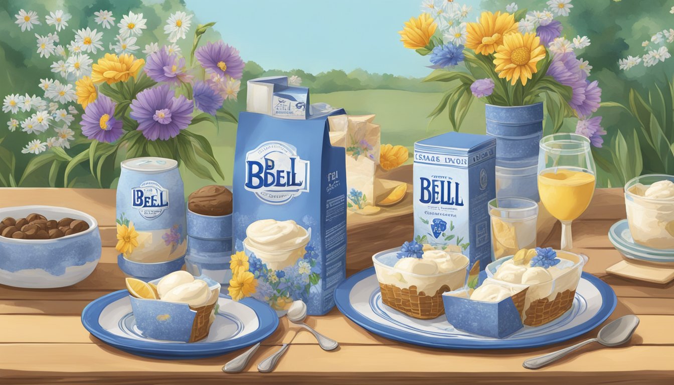 A table set with Blue Bell ice cream cartons, surrounded by wildflowers and Texas-themed decor