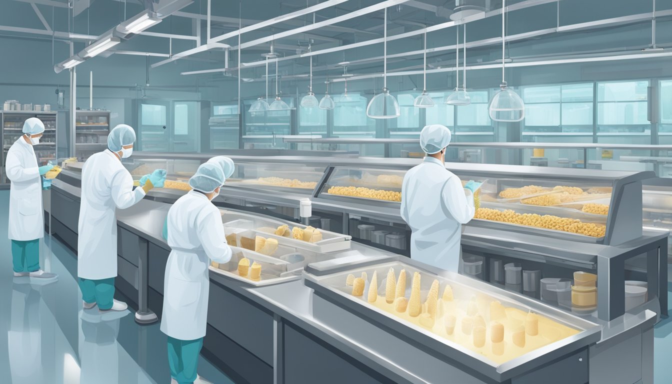 A sterile, bustling factory floor with workers in lab coats and hairnets meticulously inspecting and testing ice cream samples for allergens